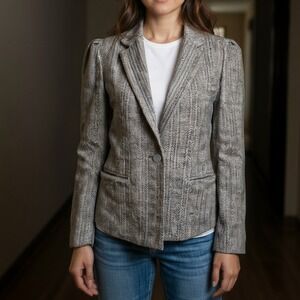 Herringbone Blazer Jacket Womens 4‎ P Puff Sleeve Tweed Wool Blend Career Coat